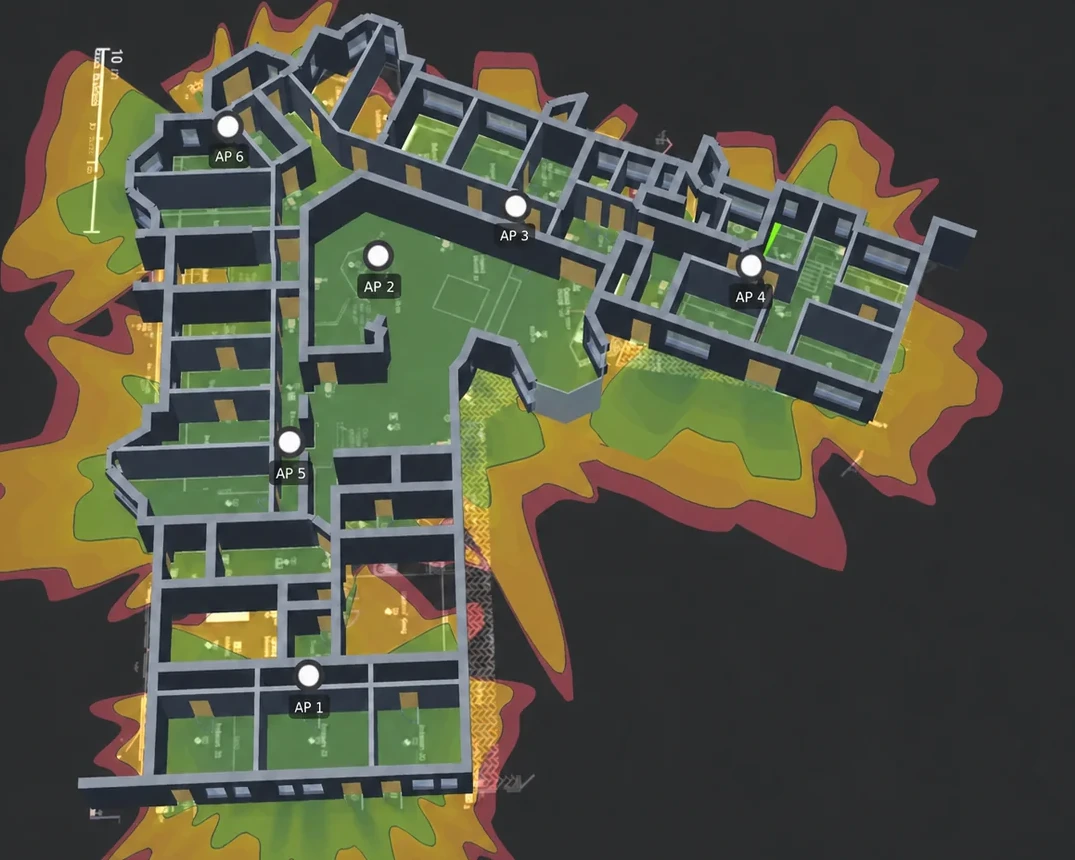 Predictive pre-installation WiFi plan for an example venue, with six proposed access-point positions and a coloured coverage overlay