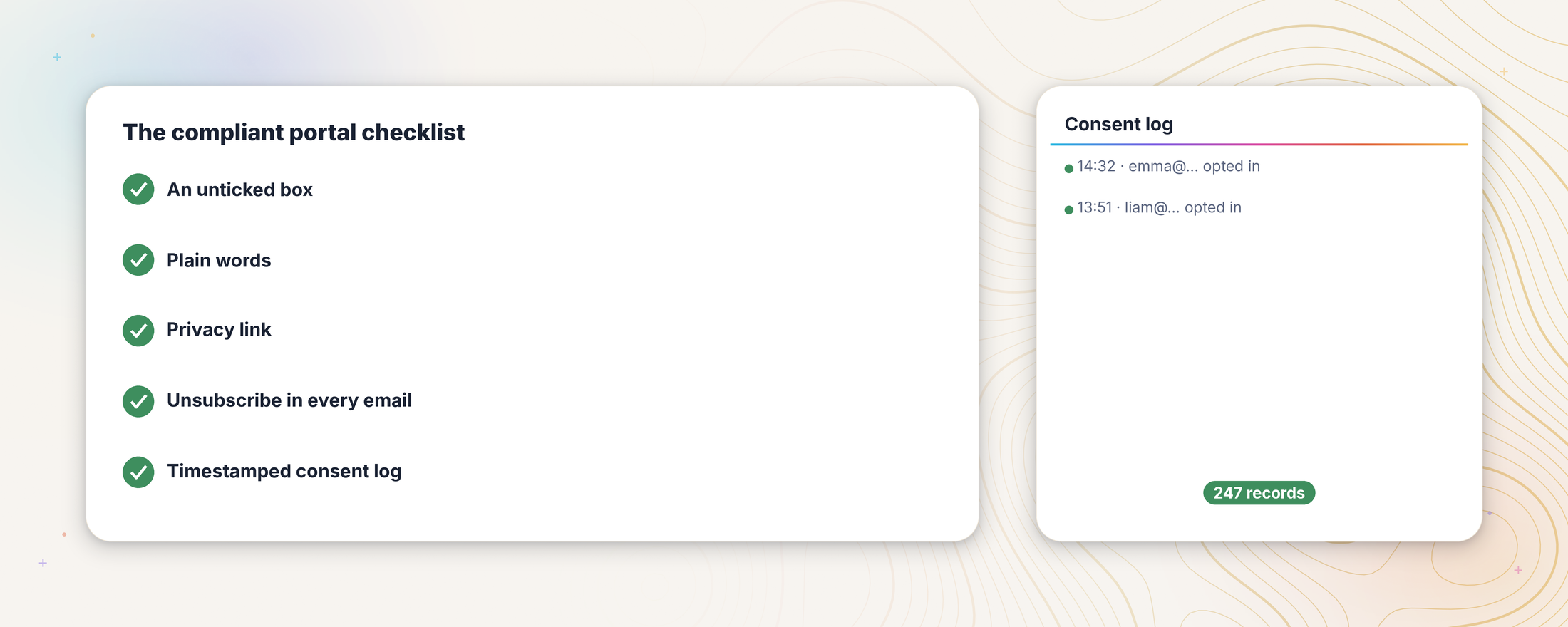 The compliant portal checklist: an unticked box, plain words, a privacy link, an unsubscribe link in every email, and a timestamped consent log