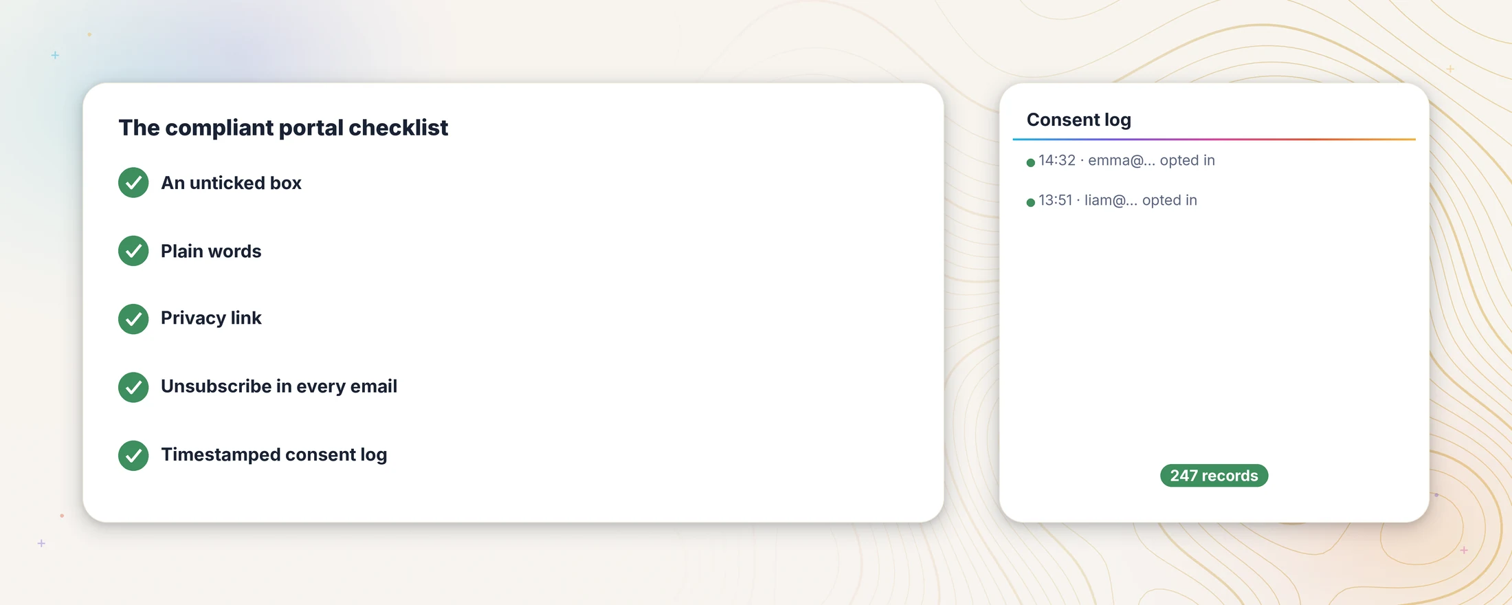 The compliant portal checklist: an unticked box, plain words, a privacy link, an unsubscribe link in every email, and a timestamped consent log