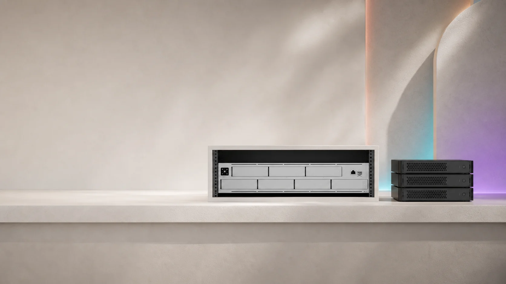 Business NAS beside a three-node compute cluster