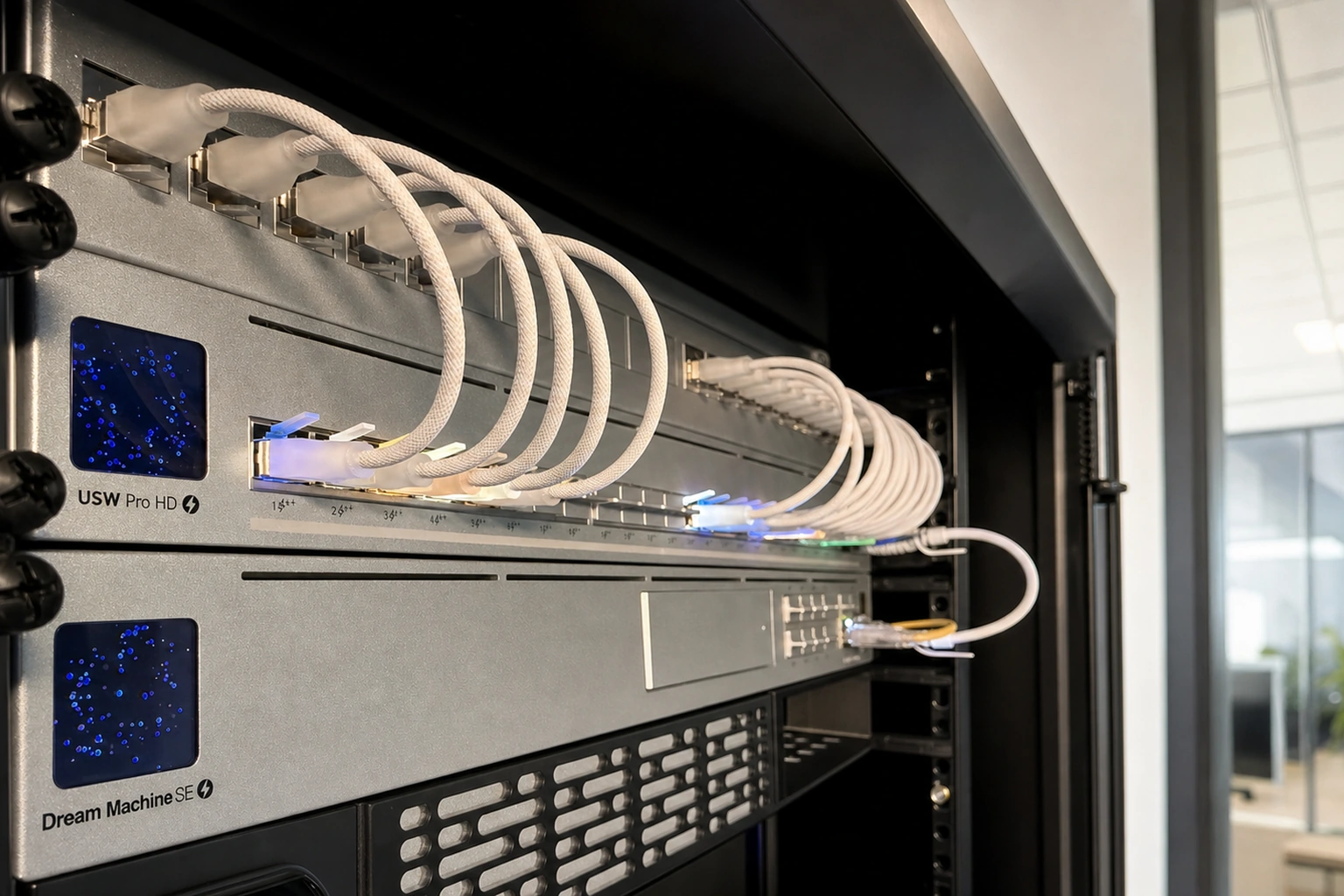 Representative UniFi cabinet layout in a bright office comms room