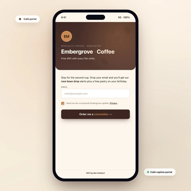 Café captive portal mockup - Embergrove Coffee - warm coffee browns with floating coffee bean illustrations and a new-bean-drop email opt-in
