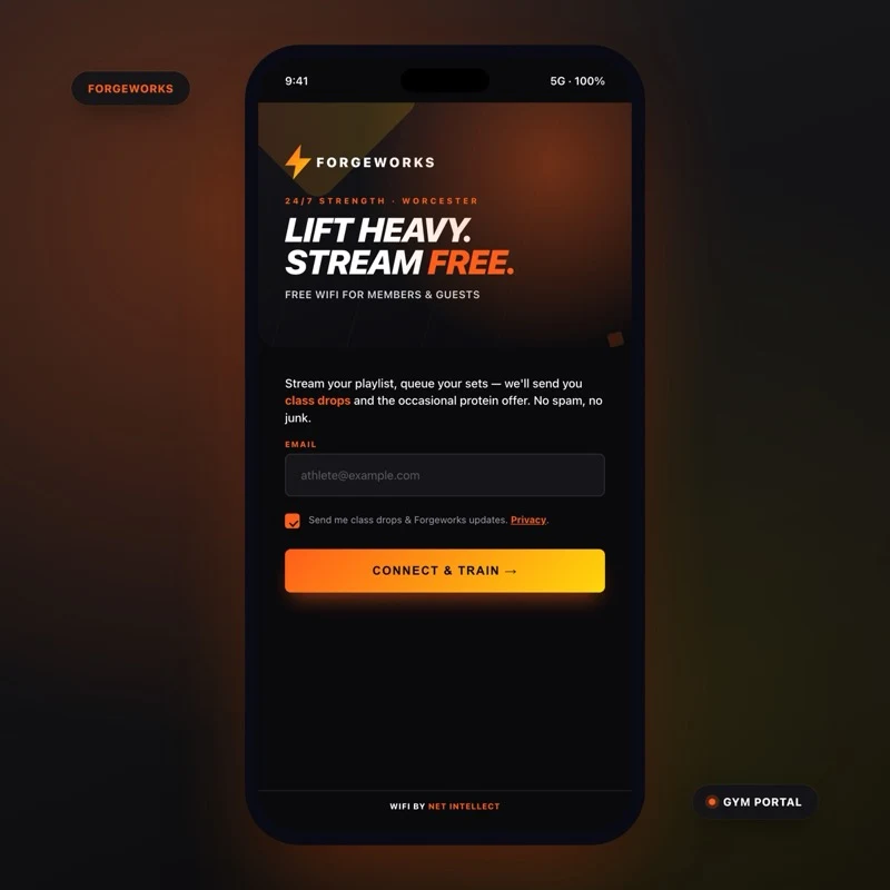 Gym captive portal mockup - Forgeworks Athletics - dark mode with electric orange lightning bolt and class-drop email opt-in