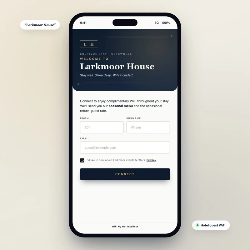 Hotel captive portal mockup - Larkmoor House - boutique navy with room and surname check-in fields