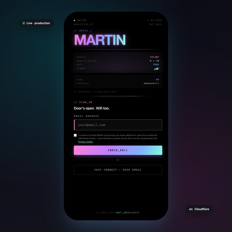 A real Net Intellect-built captive portal running live in production - terminal-style aesthetic, brand-gradient sign-in button, GDPR-compliant consent tickbox, optional skip-email route