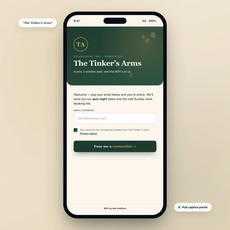 Pub captive portal mockup - The Tinker&rsquo;s Arms - dark green and brass design with quiz-night opt-in CTA