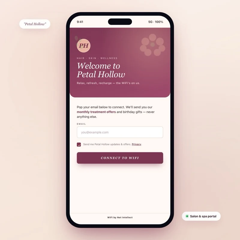 Salon captive portal mockup - Petal Hollow - soft rose and sage with italic serif welcome and monthly-treatment-offers opt-in
