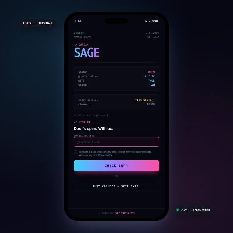 Terminal-style captive portal mockup - dark mode with monospace typography, code-aesthetic status panel, and brand-gradient check-in button