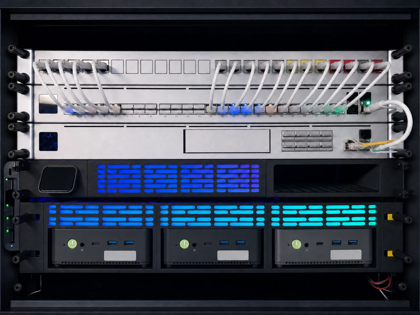 Net Intellect's own working rack with neatly routed patch leads and labelled network equipment