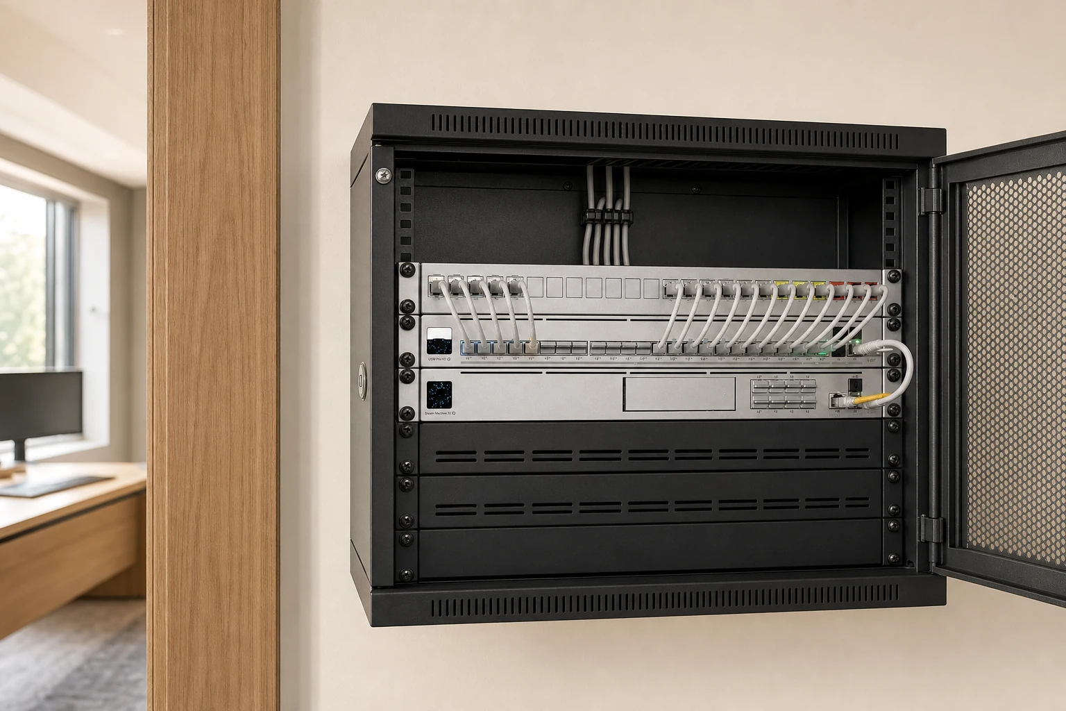 Representative compact wall-mounted UniFi network cabinet in a bright office, based on Net Intellect equipment